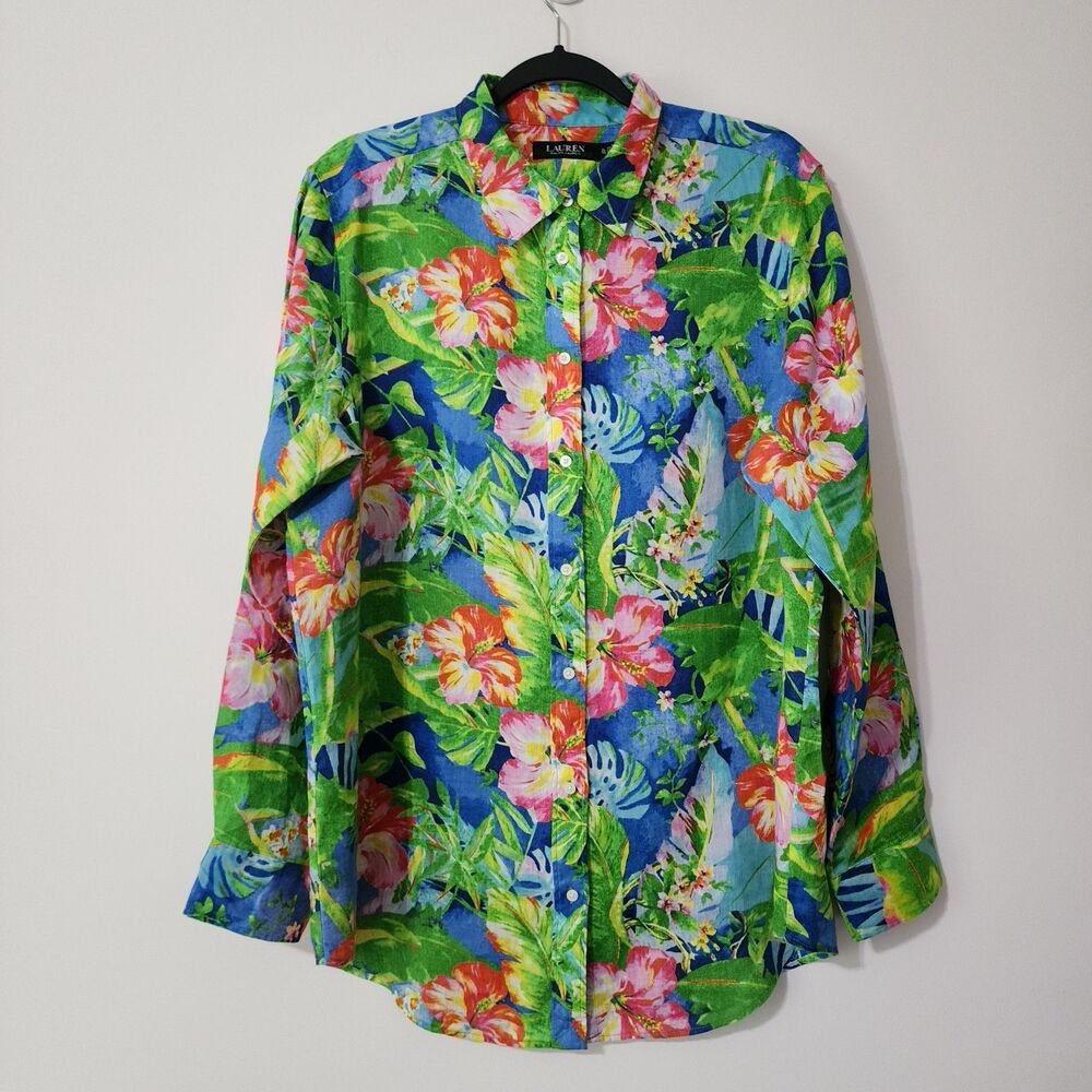 Authentic Lauren Ralph Lauren Floral Linen Shirt Button-Up Womens Size XL EUC